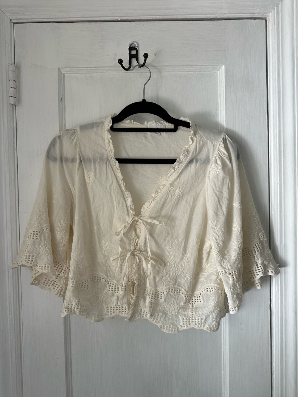 100% Cotton Cream Eyelet Tie-Front Top